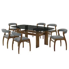 Mid-Century Modern 7-Piece Wood Dining Set in Walnut with Tempered Glass Top