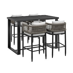Outdoor Patio 5-Piece Bar Table Set in Aluminum with Gray Rope and Cushions