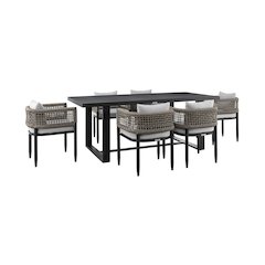 Outdoor Patio 7-Piece Dining Table Set in Aluminum with Gray Rope and Cushions