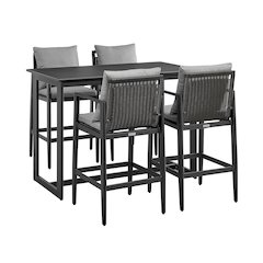 Cayman Outdoor Patio 5-Piece Bar Table Set in Aluminum with Gray Cushions