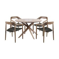 Outdoor Patio 5 Piece Round Dining Set in Eucalyptus Wood and Charcoal Rope