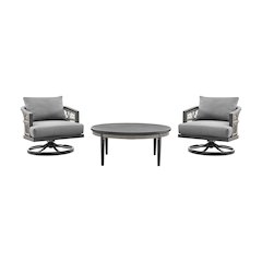 Zella Outdoor Patio 3 Piece Swivel Seating Set in Aluminum with Light Gray Rope