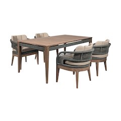 Outdoor Patio 5 Piece Dining Set in Weathered Eucalyptus Wood with Gray Rope