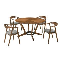 Santana 5 Piece Round Walnut Wood Dining Table Set with Charcoal Fabric