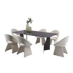 Modern 7-Piece Dining Set with Gray Tempered Glass Tabletop and Cream Upholstery