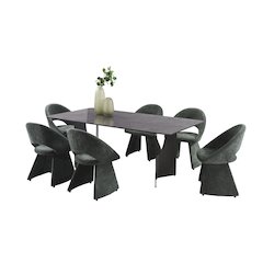 7-Piece Dining Set with Gray Tempered Glass Tabletop and Forest Green Upholstery