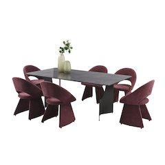 Modern 7-Piece Dining Set with Gray Tempered Glass Tabletop and Plum Upholstery
