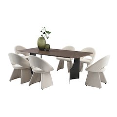 7-Piece Dining Set with Maroon Tempered Glass Tabletop and Cream Upholstery