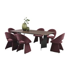 7-Piece Dining Set with Maroon Tempered Glass Tabletop and Plum Upholstery