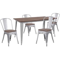 0.25" x 60" Silver Metal Table Set with Wood Top and 4 Stack Chairs