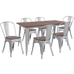 0.25" x 60" Silver Metal Table Set with Wood Top and 6 Stack Chairs