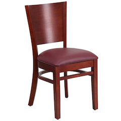 Solid Back Mahogany Wood Restaurant Chair - Burgundy Vinyl Seat