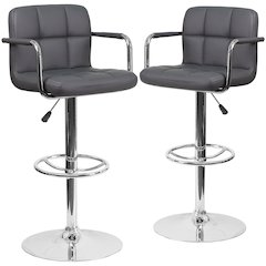 2 Pk. Gray Quilted Vinyl Adjustable Height Barstool with Arms and Chrome Base