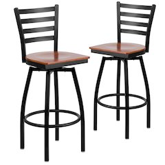 2 Pk. HERCULES Series Black Ladder Back Swivel Metal Barstool - Cherry Wood Seat