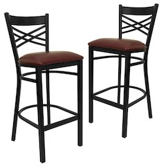2 Pk. Black ''X'' Back Metal Restaurant Barstool - Burgundy Vinyl Seat