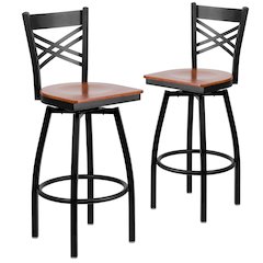 2 Pk. HERCULES Series Black ''X'' Back Swivel Metal Barstool - Cherry Wood Seat