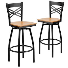 2 Pk. HERCULES Series Black ''X'' Back Swivel Metal Barstool - Natural Wood Seat