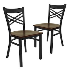 2 Pk. Black ''X'' Back Metal Restaurant Chair - Mahogany Wood Seat