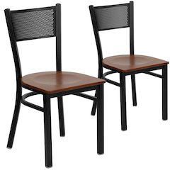 2 Pk. HERCULES Series Black Grid Back Metal Restaurant Chair - Cherry Wood Seat