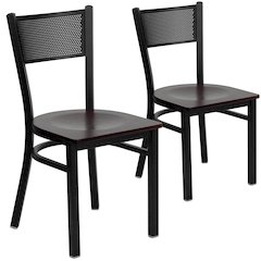 2 Pk. Black Grid Back Metal Restaurant Chair - Mahogany Wood Seat