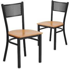 2 Pk. HERCULES Series Black Grid Back Metal Restaurant Chair - Natural Wood Seat