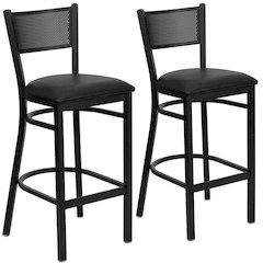2 Pk. Black Grid Back Metal Restaurant Barstool - Black Vinyl Seat