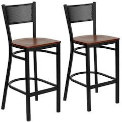 2 Pk. Black Grid Back Metal Restaurant Barstool - Cherry Wood Seat