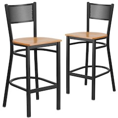 2 Pk. Black Grid Back Metal Restaurant Barstool - Natural Wood Seat