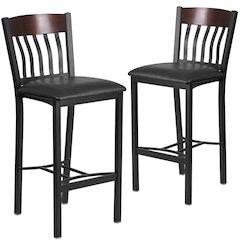 2 Pk. Vertical Back Black Metal and Walnut Wood Barstool with Black Vinyl Seat