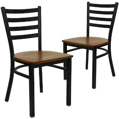 2 Pk. Black Ladder Back Metal Restaurant Chair - Cherry Wood Seat