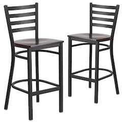 2 Pk. Black Ladder Back Metal Restaurant Barstool - Walnut Wood Seat