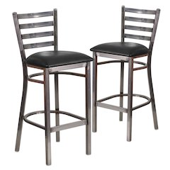 2 Pk. Clear Coated Ladder Back Metal Restaurant Barstool - Black Vinyl Seat