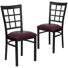 2 Pk. Black Window Back Metal Restaurant Chair - Burgundy Vinyl Seat