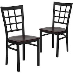 2 Pk. Black Window Back Metal Restaurant Chair - Mahogany Wood Seat