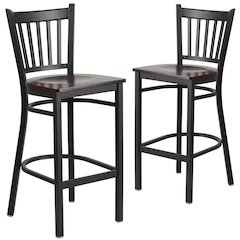 2 Pk. Black Vertical Back Metal Restaurant Barstool - Walnut Wood Seat