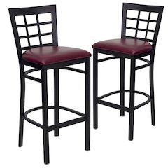 2 Pk. Black Window Back Metal Restaurant Barstool - Burgundy Vinyl Seat