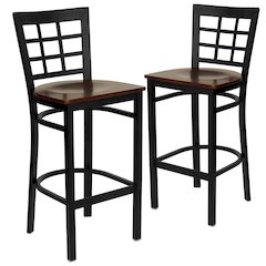 2 Pk. Black Window Back Metal Restaurant Barstool - Mahogany Wood Seat