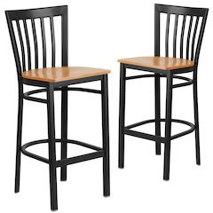 2 Pk. Black School House Back Metal Restaurant Barstool - Natural Wood Seat