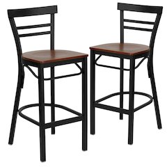 2 Pk. Black Ladder Back Metal Restaurant Barstool - Cherry Wood Seat