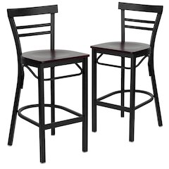 2 Pk. Black Ladder Back Metal Restaurant Barstool - Mahogany Wood Seat