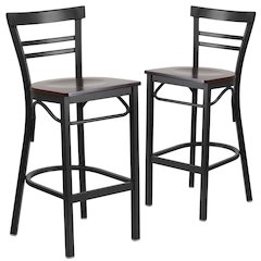 2 Pk. Black Ladder Back Metal Restaurant Barstool - Walnut Wood Seat