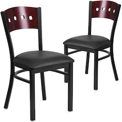 2 Pk. 4 Square Back Metal Chair - Mahogany Wood Back, Black Vinyl Seat