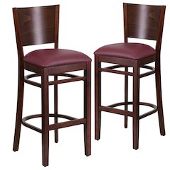 2 Pk. Lacey Series Solid Back Walnut Wooden Barstool - Burgundy Vinyl Seat