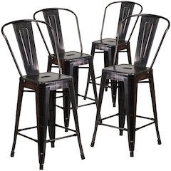 4 Pk. 24'' High Black-Antique Gold Metal Counter Height Stool with Back