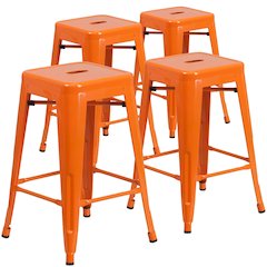 4 Pk. 24'' High Backless Orange Metal Indoor-Outdoor Counter Height Stool