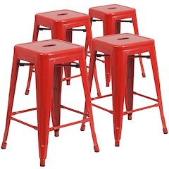 4 Pk. 24'' High Backless Red Metal Indoor-Outdoor Counter Height Stool
