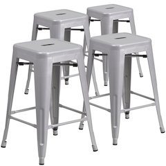 4 Pk. 24'' High Backless Silver Metal Indoor-Outdoor Counter Height Stool