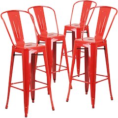 4 Pk. 30'' High Red Metal Indoor-Outdoor Barstool with Back