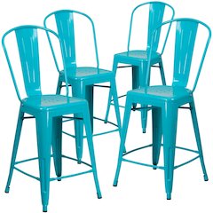 4 Pk. 24'' High Crystal Blue Metal Indoor-Outdoor Counter Height Stool with Back