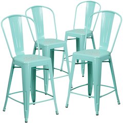 4 Pk. 24'' High Mint Green Metal Indoor-Outdoor Counter Height Stool with Back